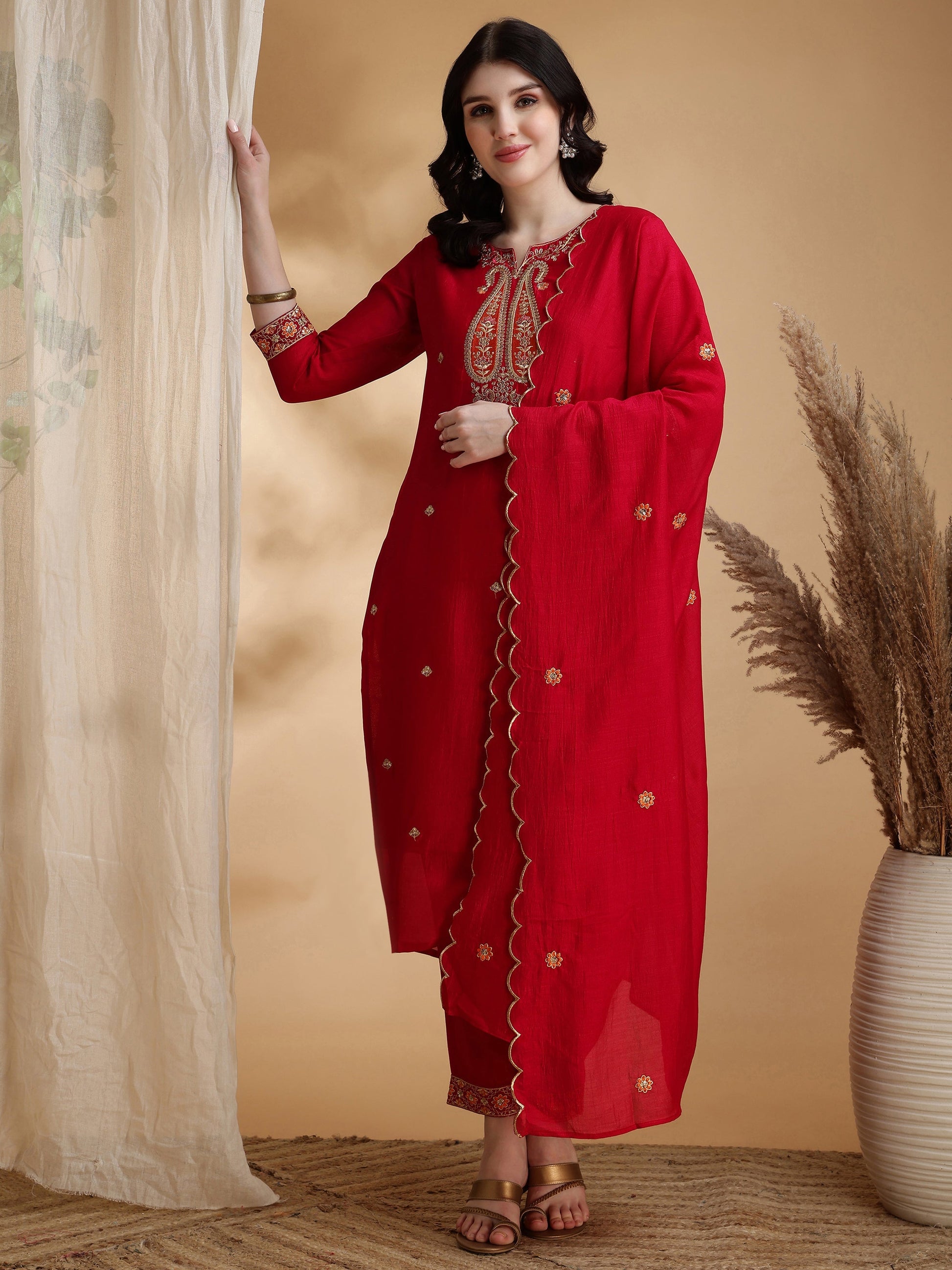 Embroidered Kurta With Pant & Embroidered Dupatta, Pink - Hiral Fashion