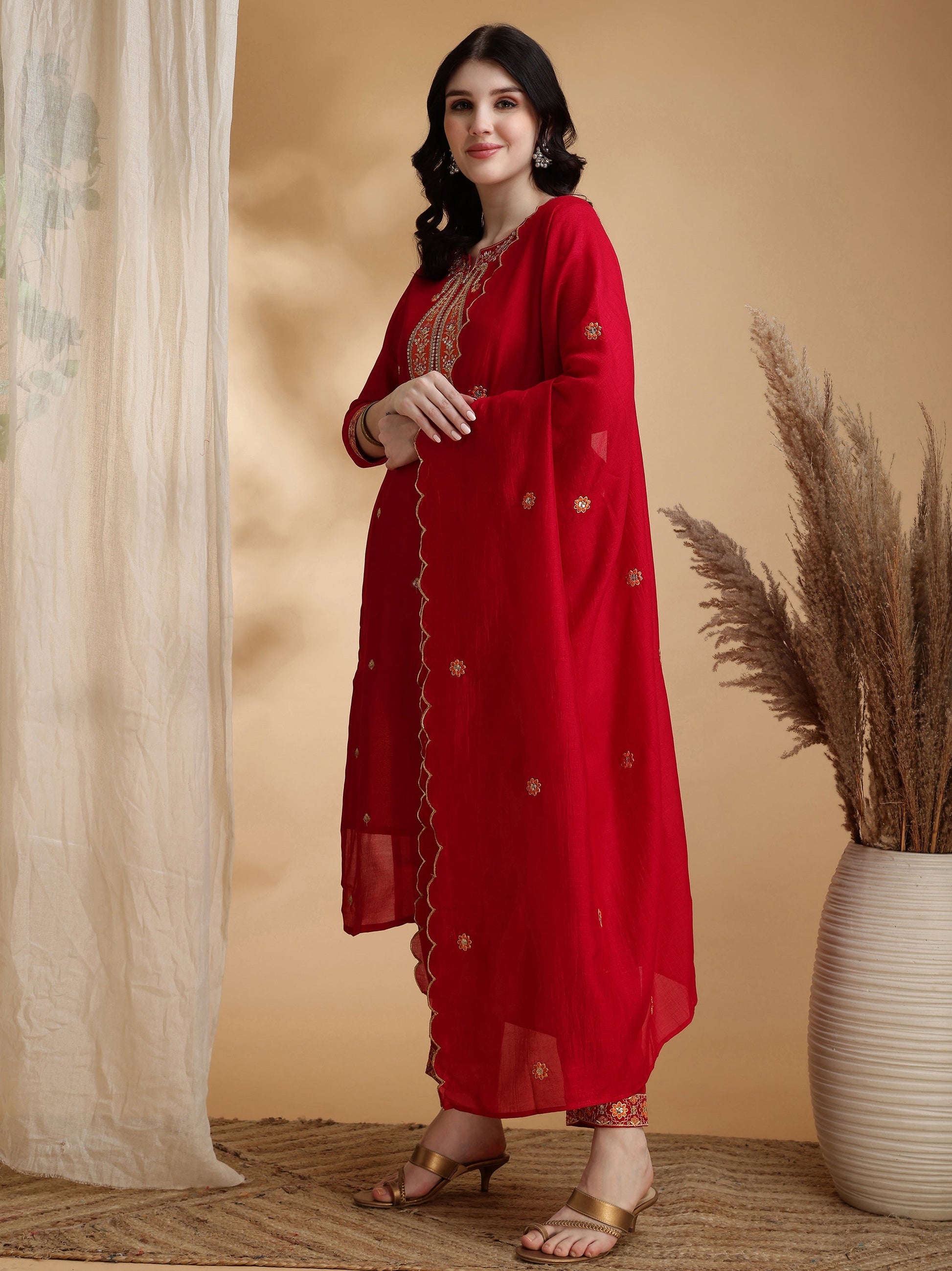 Embroidered Kurta With Pant & Embroidered Dupatta, Pink - Hiral Fashion
