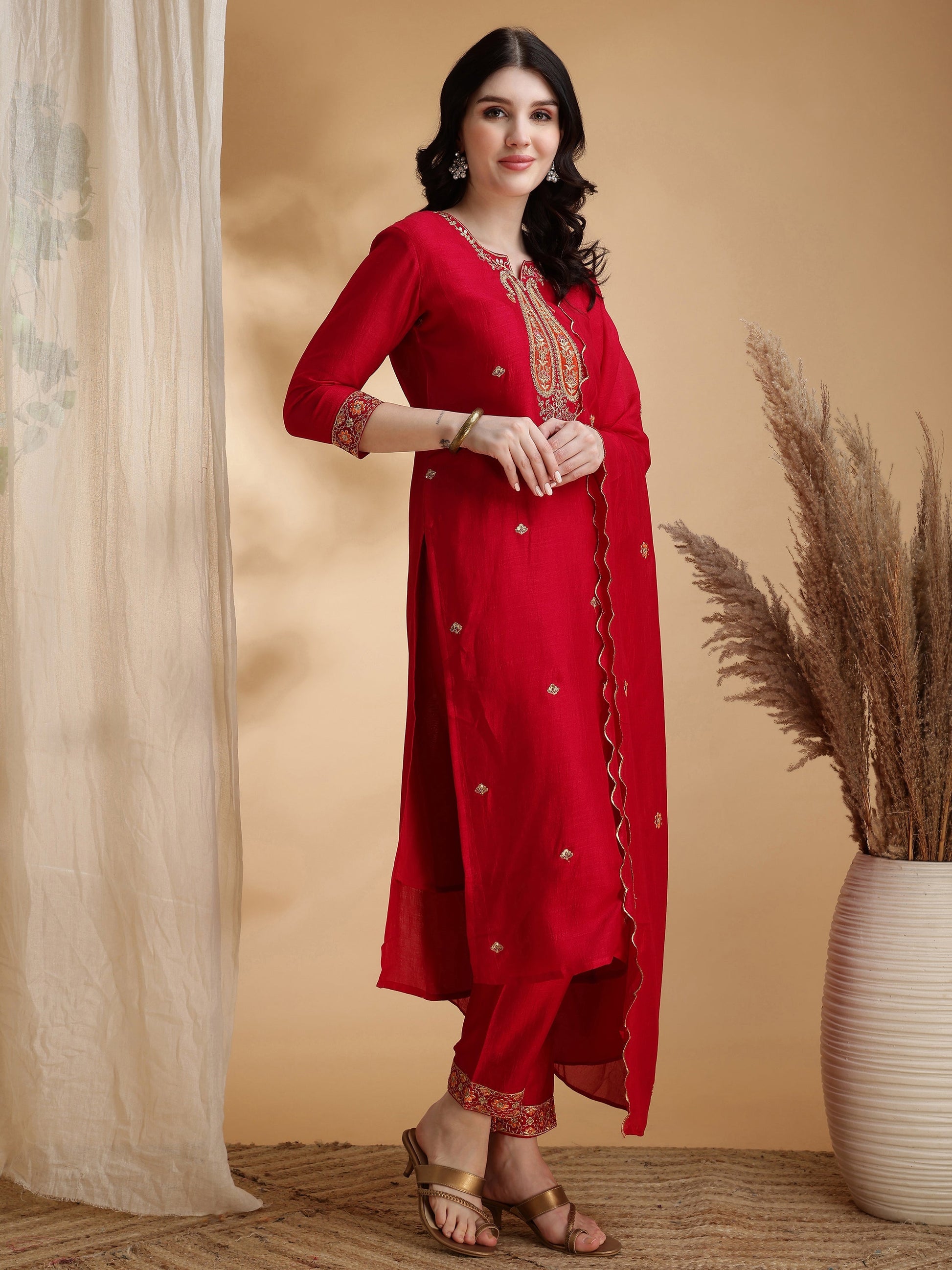 Embroidered Kurta With Pant & Embroidered Dupatta, Pink - Hiral Fashion