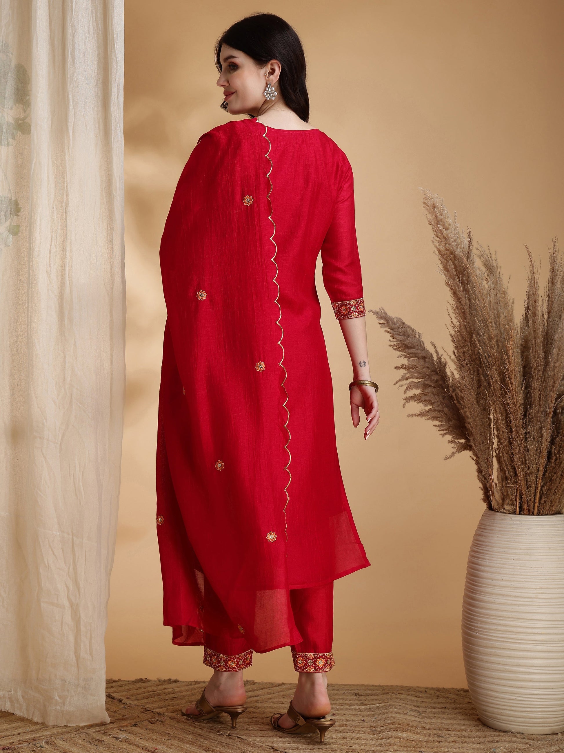 Embroidered Kurta With Pant & Embroidered Dupatta, Pink - Hiral Fashion