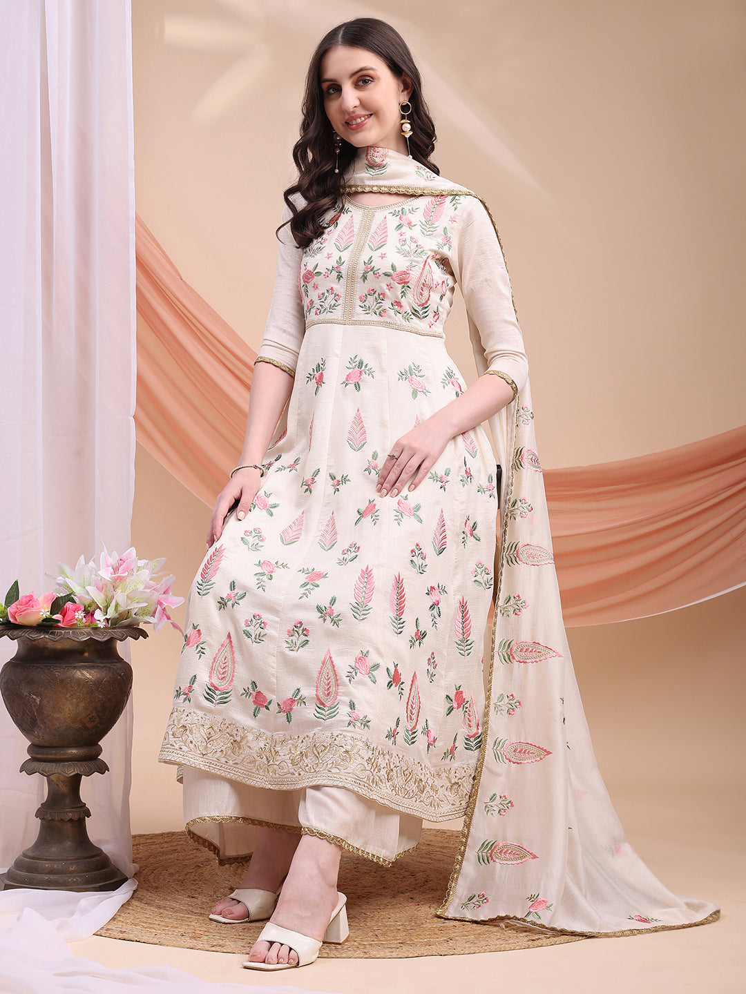 Floral Embroidered Anarkali Kurta With Pant & Embroidered Dupatta, Cream - Hiral Fashion