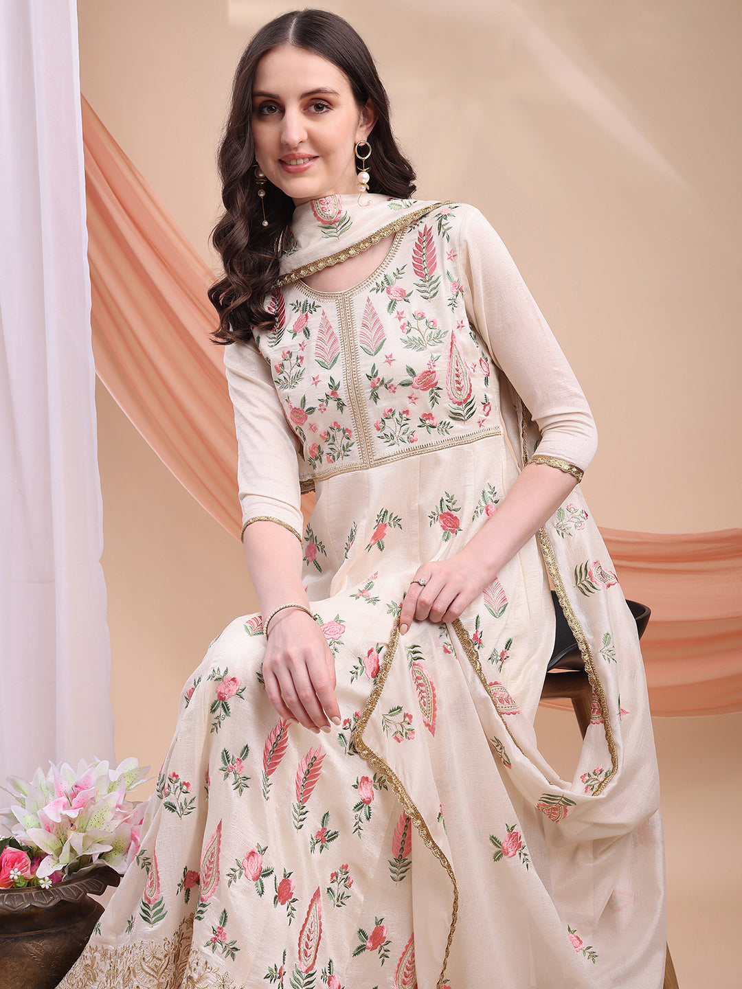 Floral Embroidered Anarkali Kurta With Pant & Embroidered Dupatta, Cream - Hiral Fashion