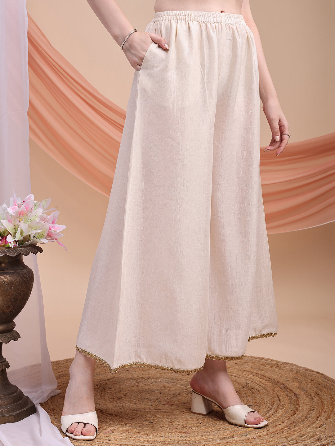 Floral Embroidered Anarkali Kurta With Pant & Embroidered Dupatta, Cream - Hiral Fashion