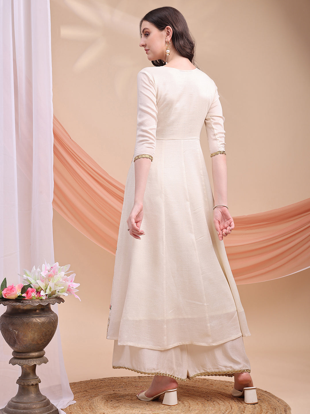 Floral Embroidered Anarkali Kurta With Pant & Embroidered Dupatta, Cream - Hiral Fashion
