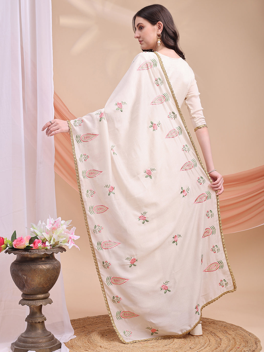 Floral Embroidered Anarkali Kurta With Pant & Embroidered Dupatta, Cream - Hiral Fashion