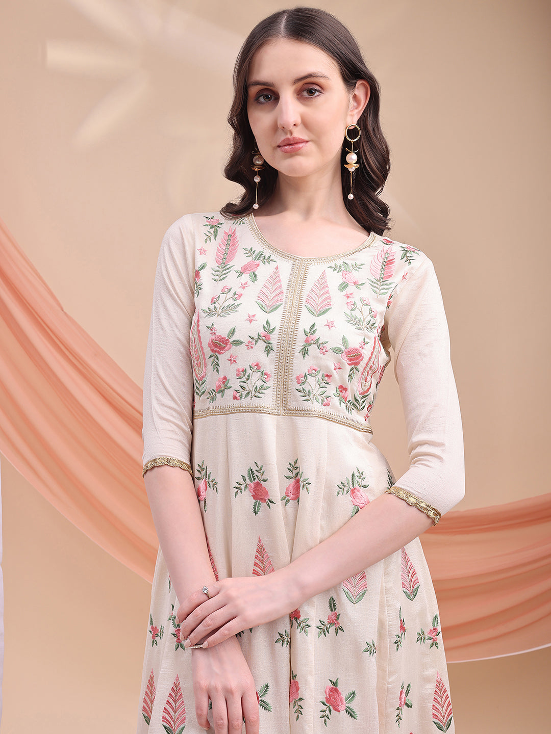 Floral Embroidered Anarkali Kurta With Pant & Embroidered Dupatta, Cream - Hiral Fashion