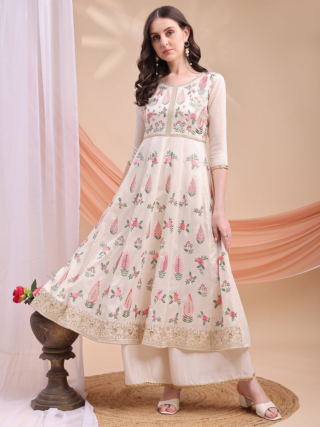 Floral Embroidered Anarkali Kurta With Pant & Embroidered Dupatta, Cream - Hiral Fashion