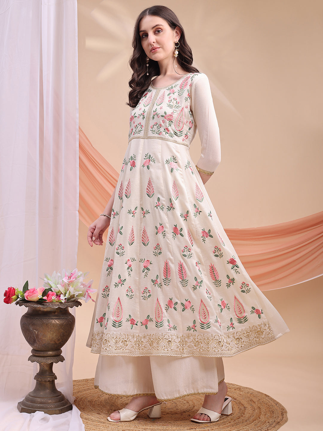 Floral Embroidered Anarkali Kurta With Pant & Embroidered Dupatta, Cream - Hiral Fashion