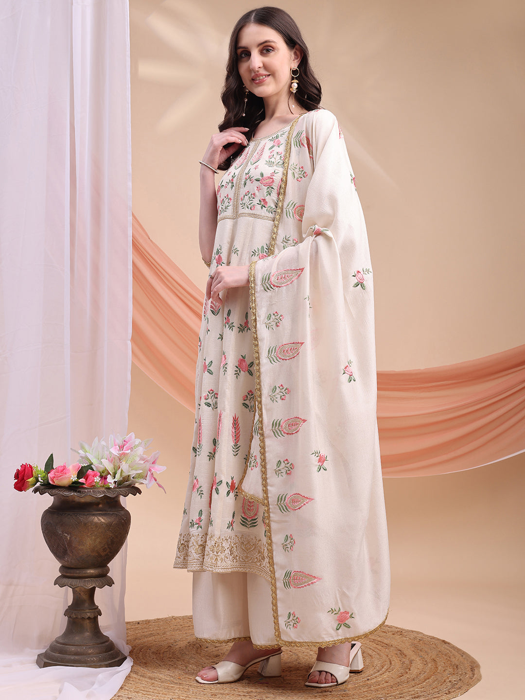Floral Embroidered Anarkali Kurta With Pant & Embroidered Dupatta, Cream - Hiral Fashion