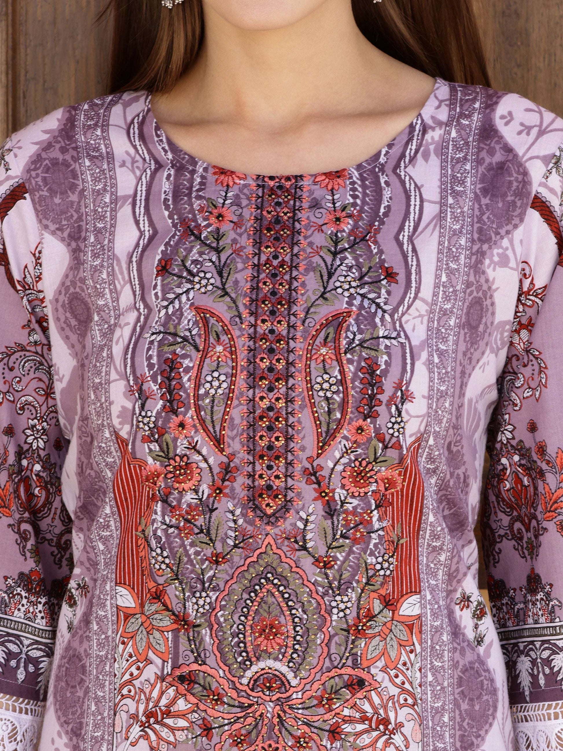 Pakistani Embroidered & Printed Kurta With Pant & Dupatta, Lavender - Hiral Fashion