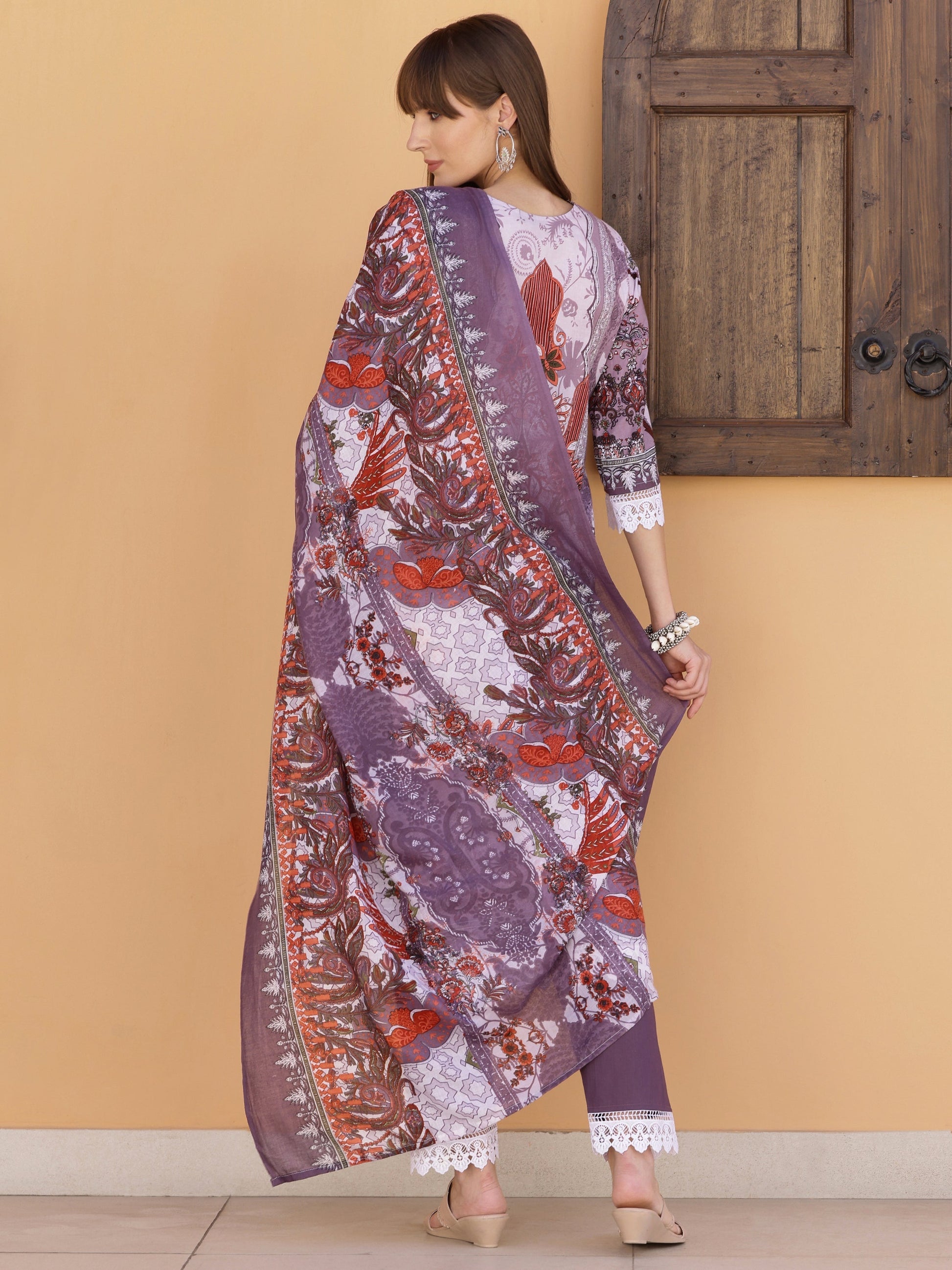 Pakistani Embroidered & Printed Kurta With Pant & Dupatta, Lavender - Hiral Fashion