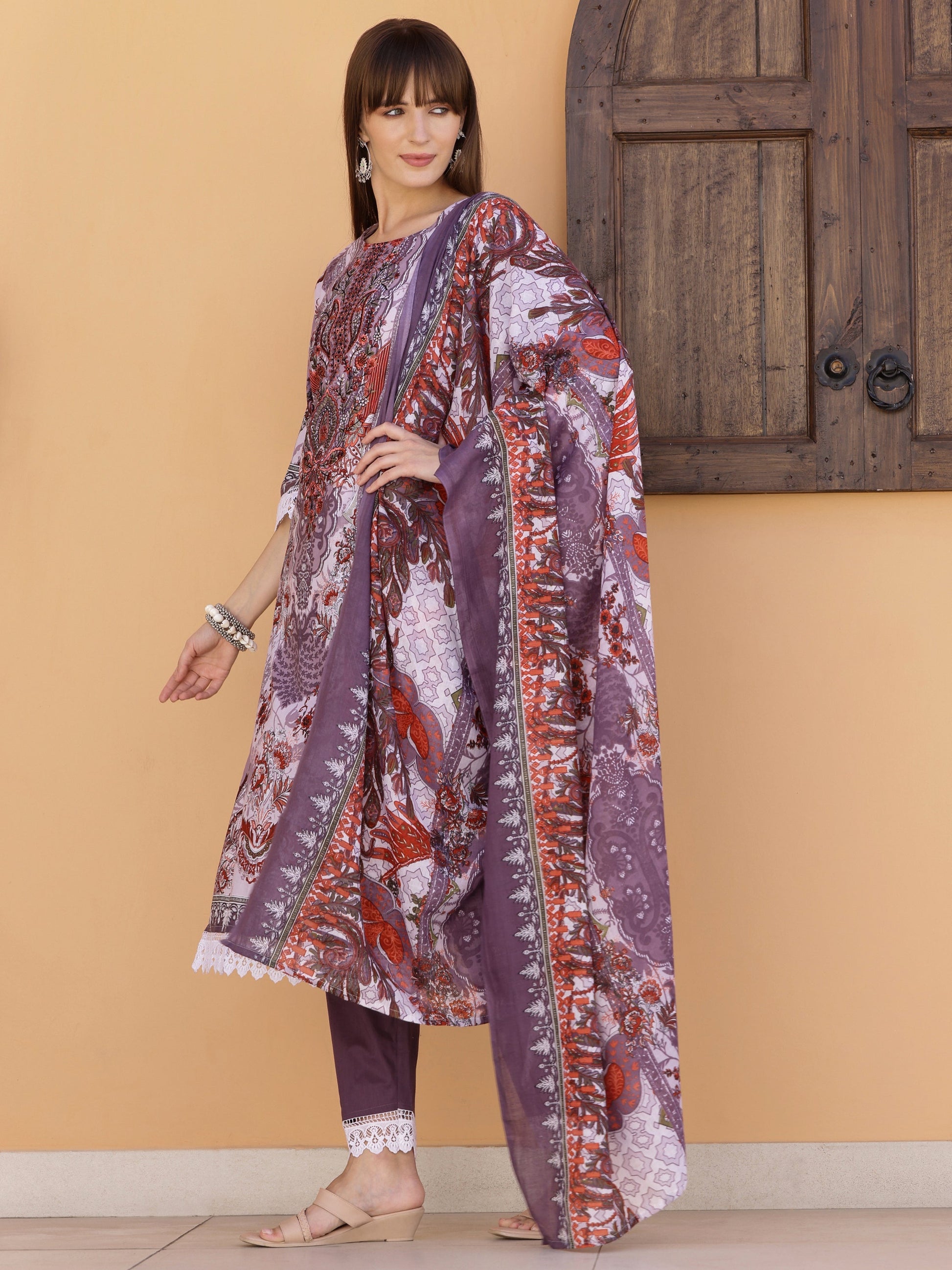 Pakistani Embroidered & Printed Kurta With Pant & Dupatta, Lavender - Hiral Fashion