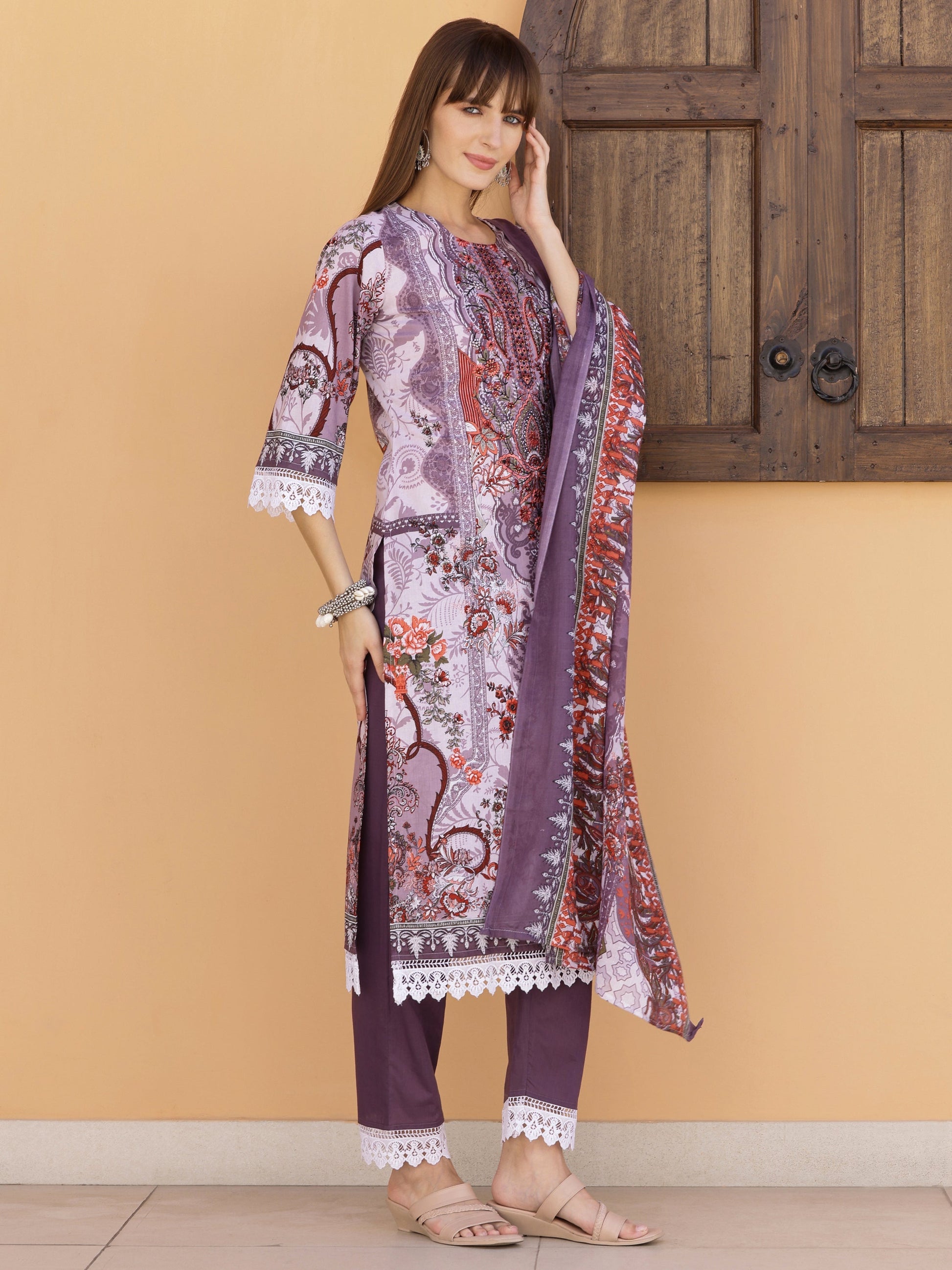 Pakistani Embroidered & Printed Kurta With Pant & Dupatta, Lavender - Hiral Fashion