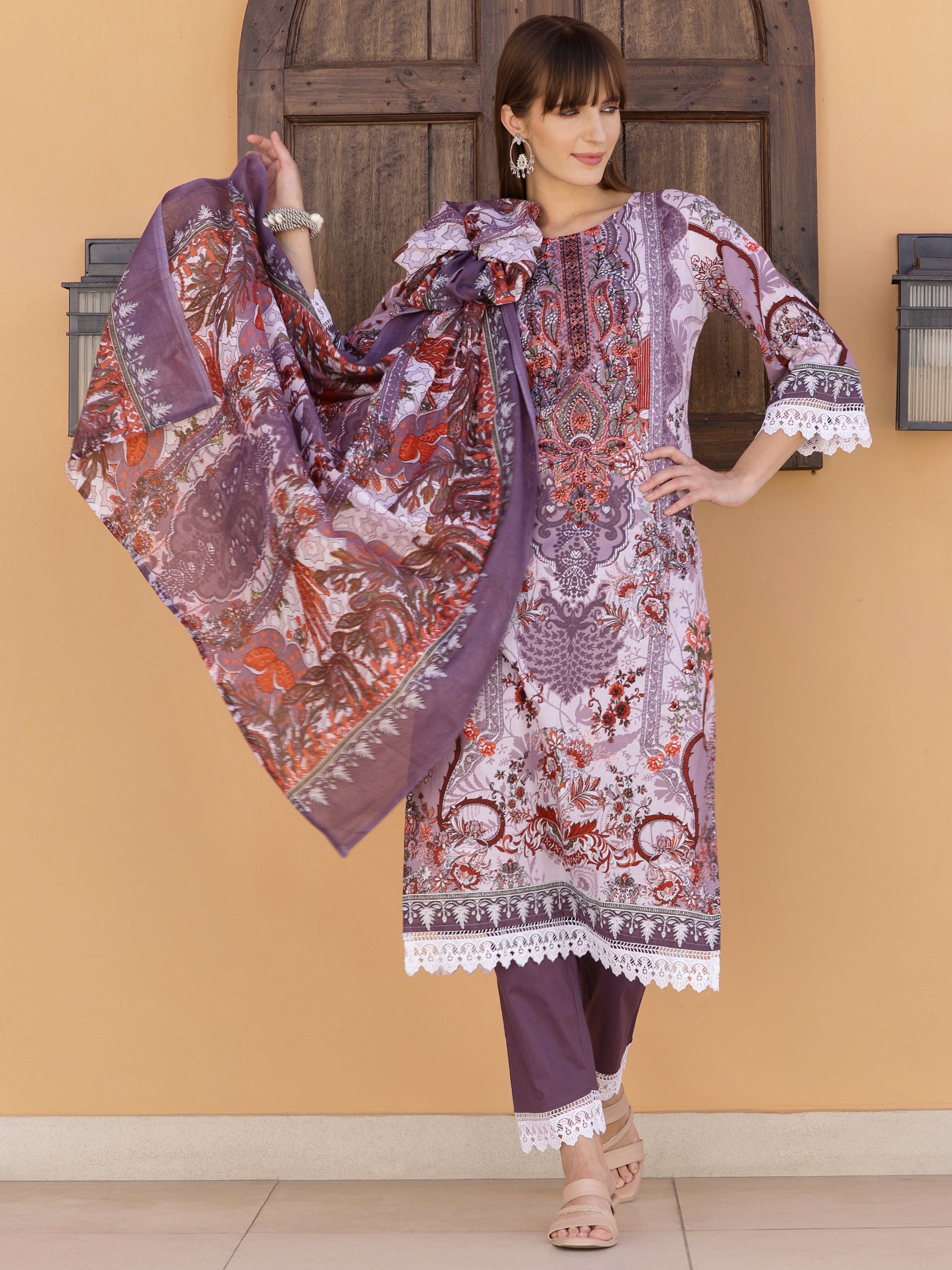 Pakistani Embroidered & Printed Kurta With Pant & Dupatta, Lavender - Hiral Fashion