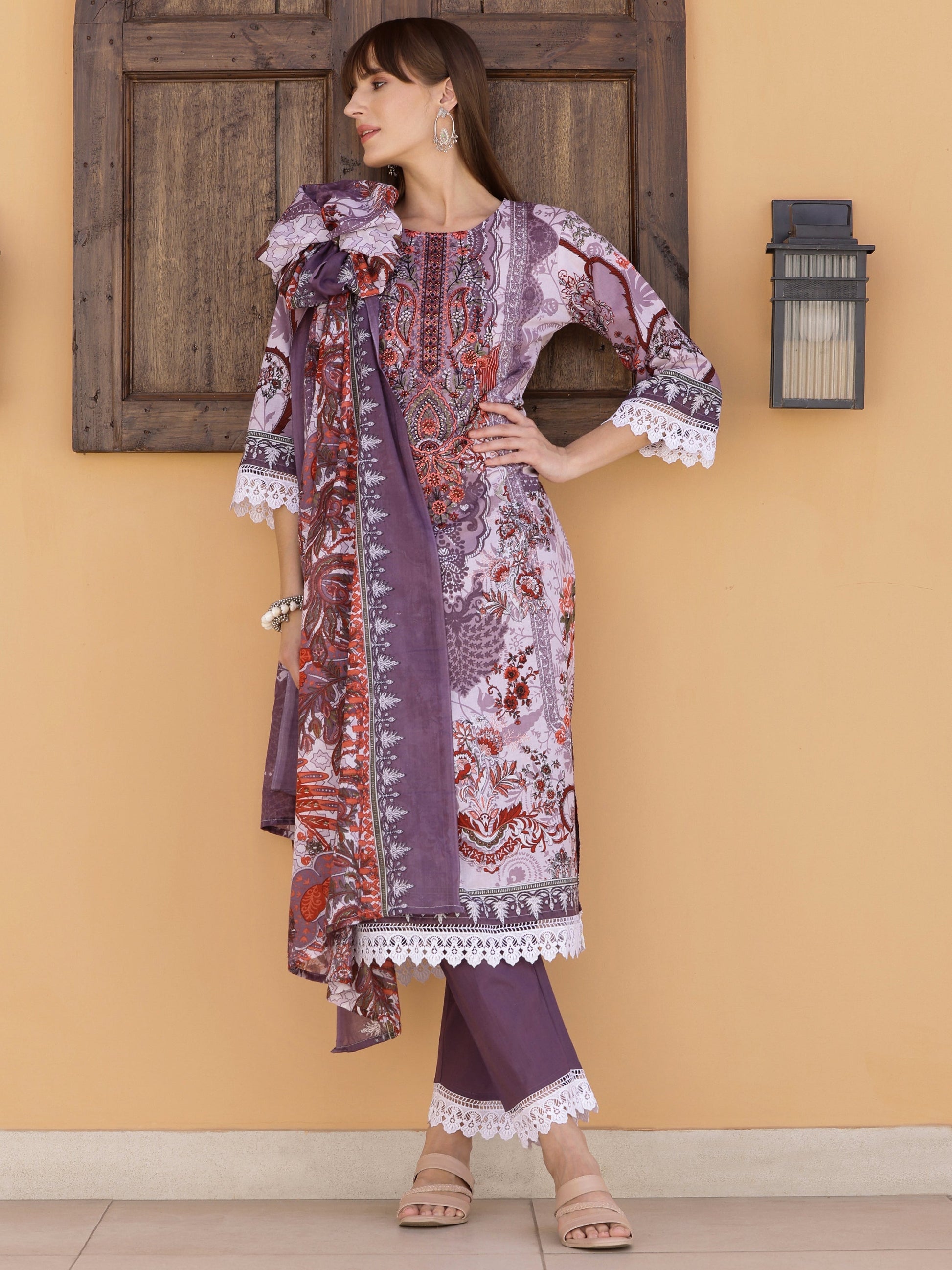 Pakistani Embroidered & Printed Kurta With Pant & Dupatta, Lavender - Hiral Fashion