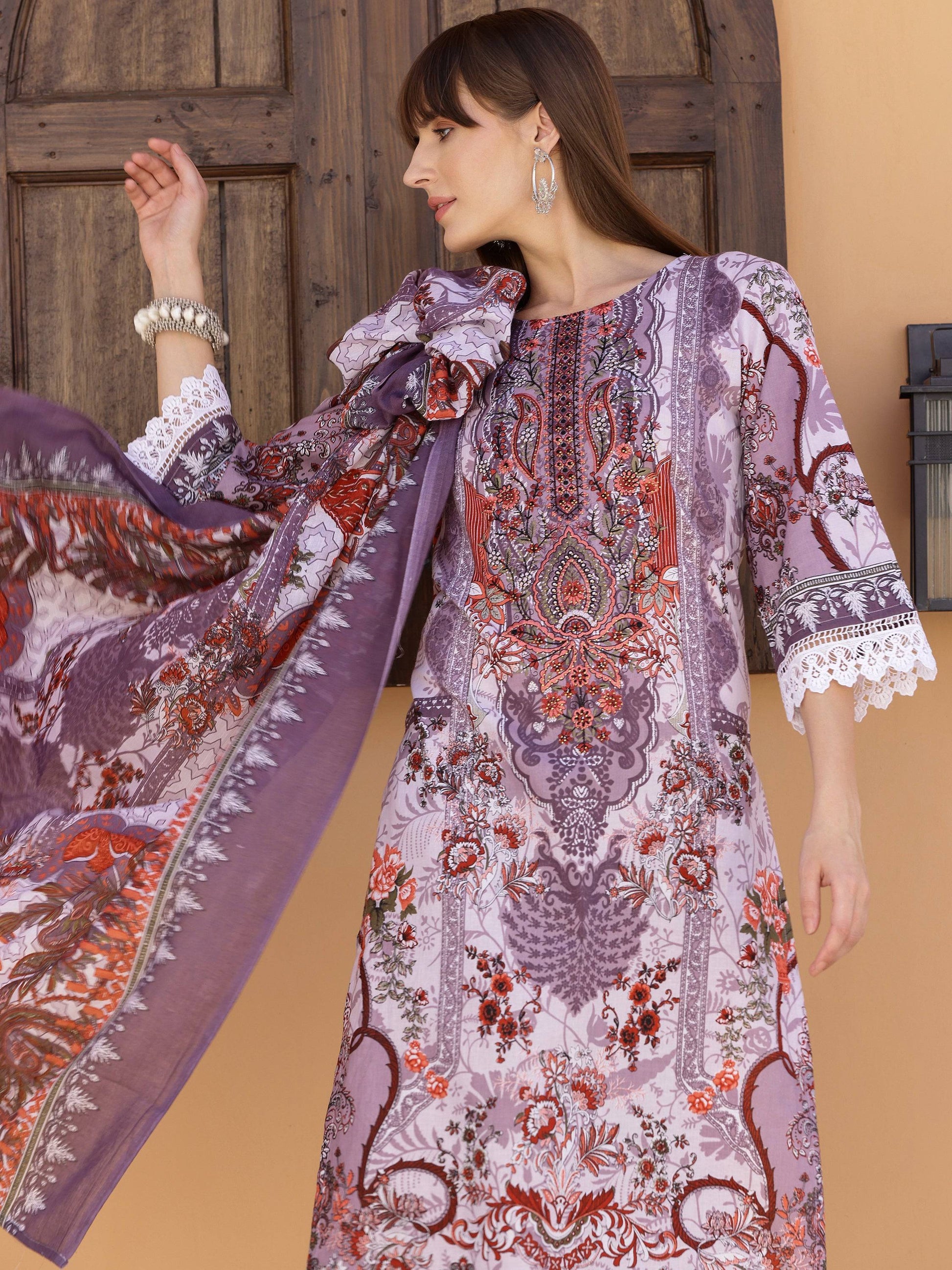 Pakistani Embroidered & Printed Kurta With Pant & Dupatta, Lavender - Hiral Fashion
