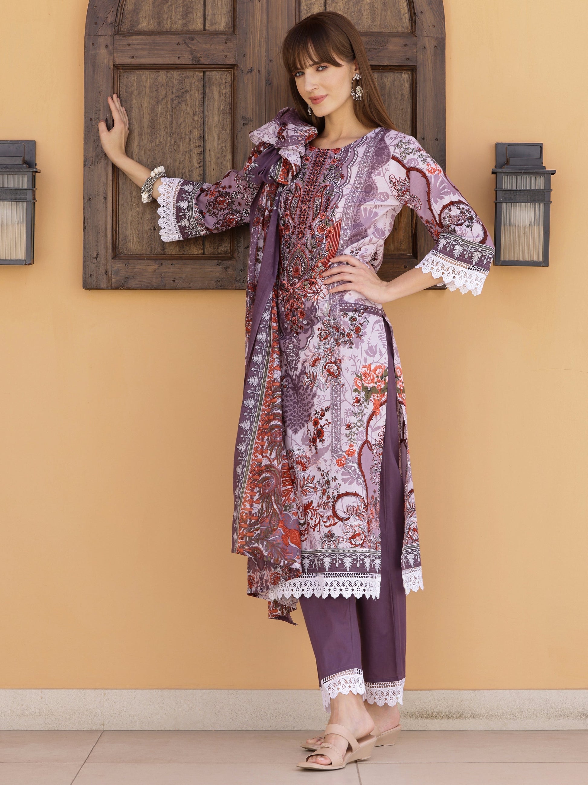 Pakistani Embroidered & Printed Kurta With Pant & Dupatta, Lavender - Hiral Fashion