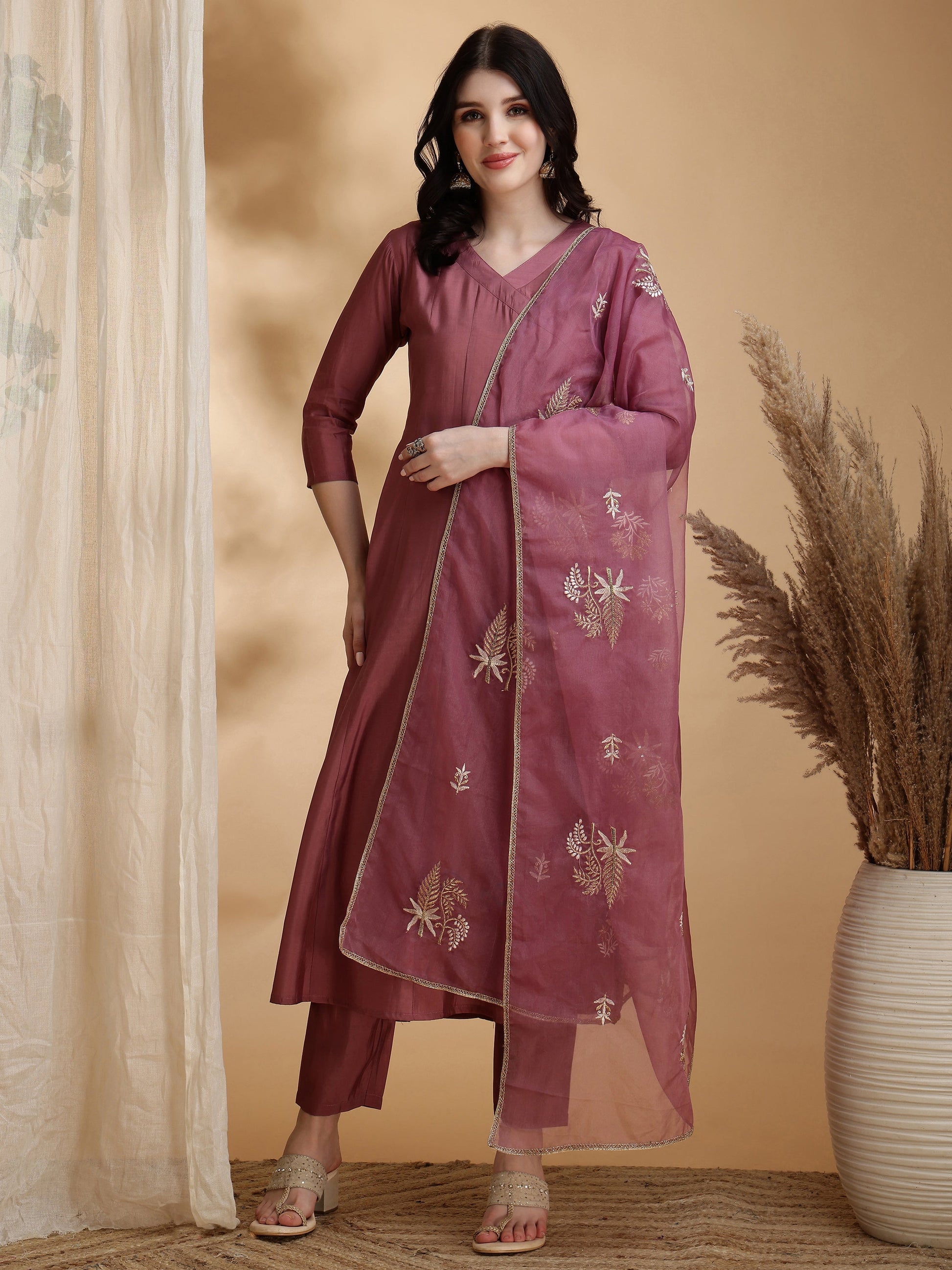 Angarkha Style Kurta With Pant & Embroidered Organza Dupatta, Mauve - Hiral Fashion