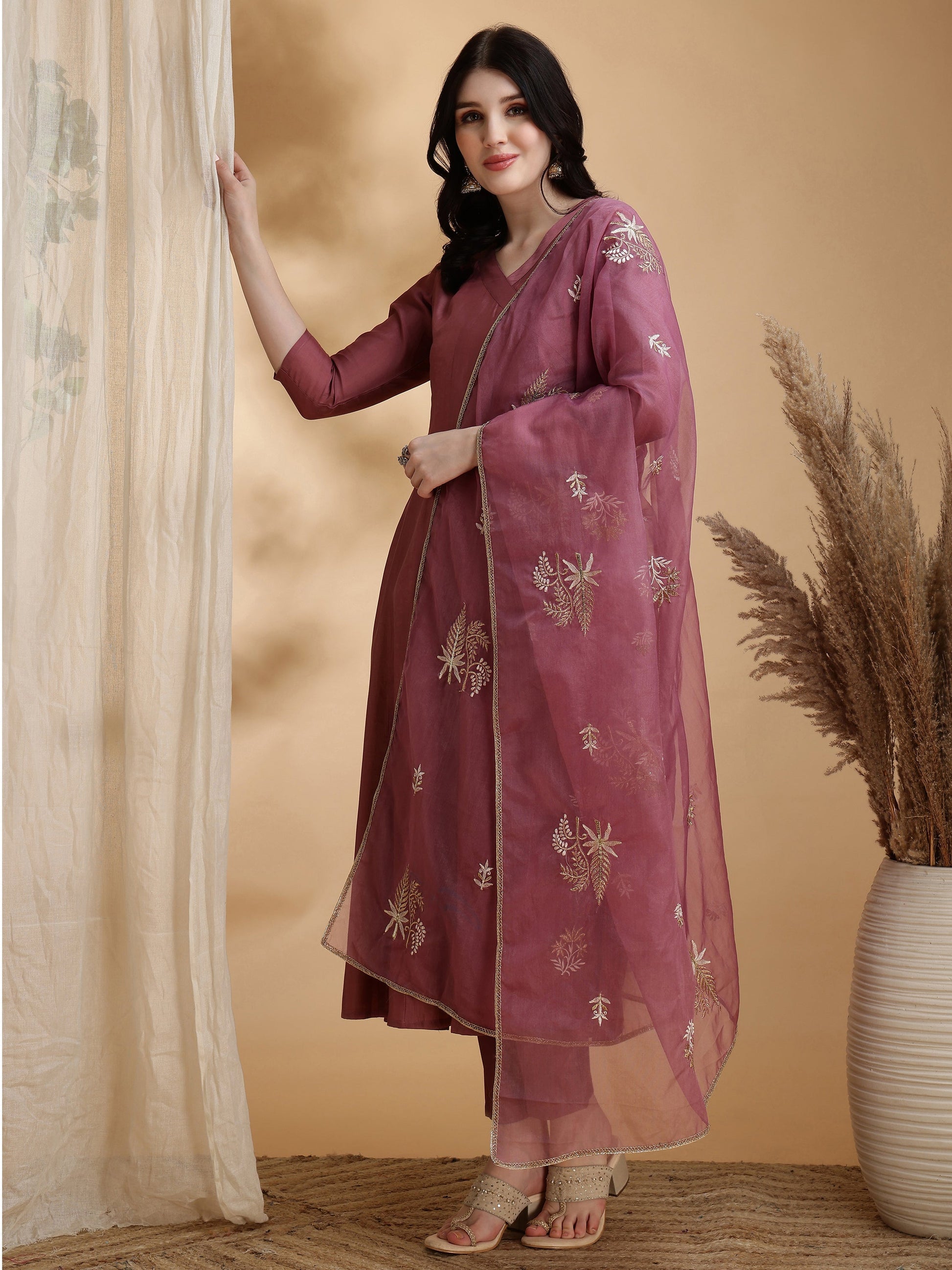 Angarkha Style Kurta With Pant & Embroidered Organza Dupatta, Mauve - Hiral Fashion