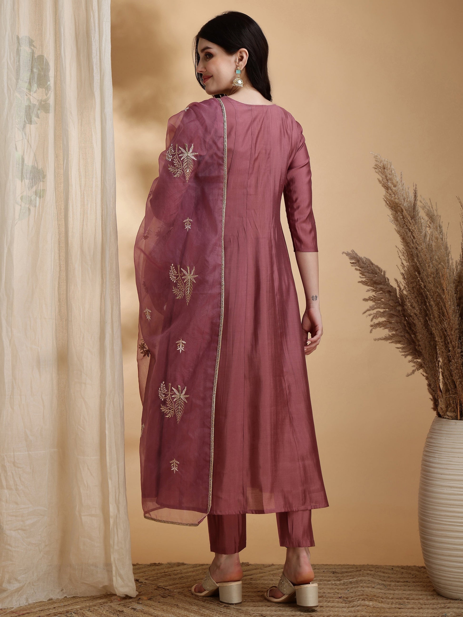 Angarkha Style Kurta With Pant & Embroidered Organza Dupatta, Mauve - Hiral Fashion
