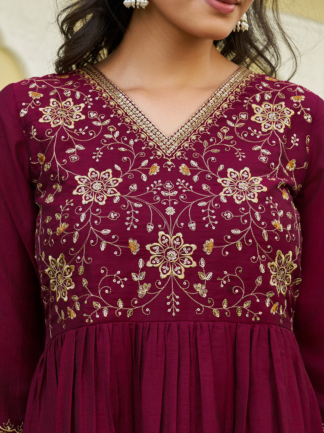 Emboidered Flared Kurta With Pant & Embroidered Dupatta, Maroon - Hiral Fashion