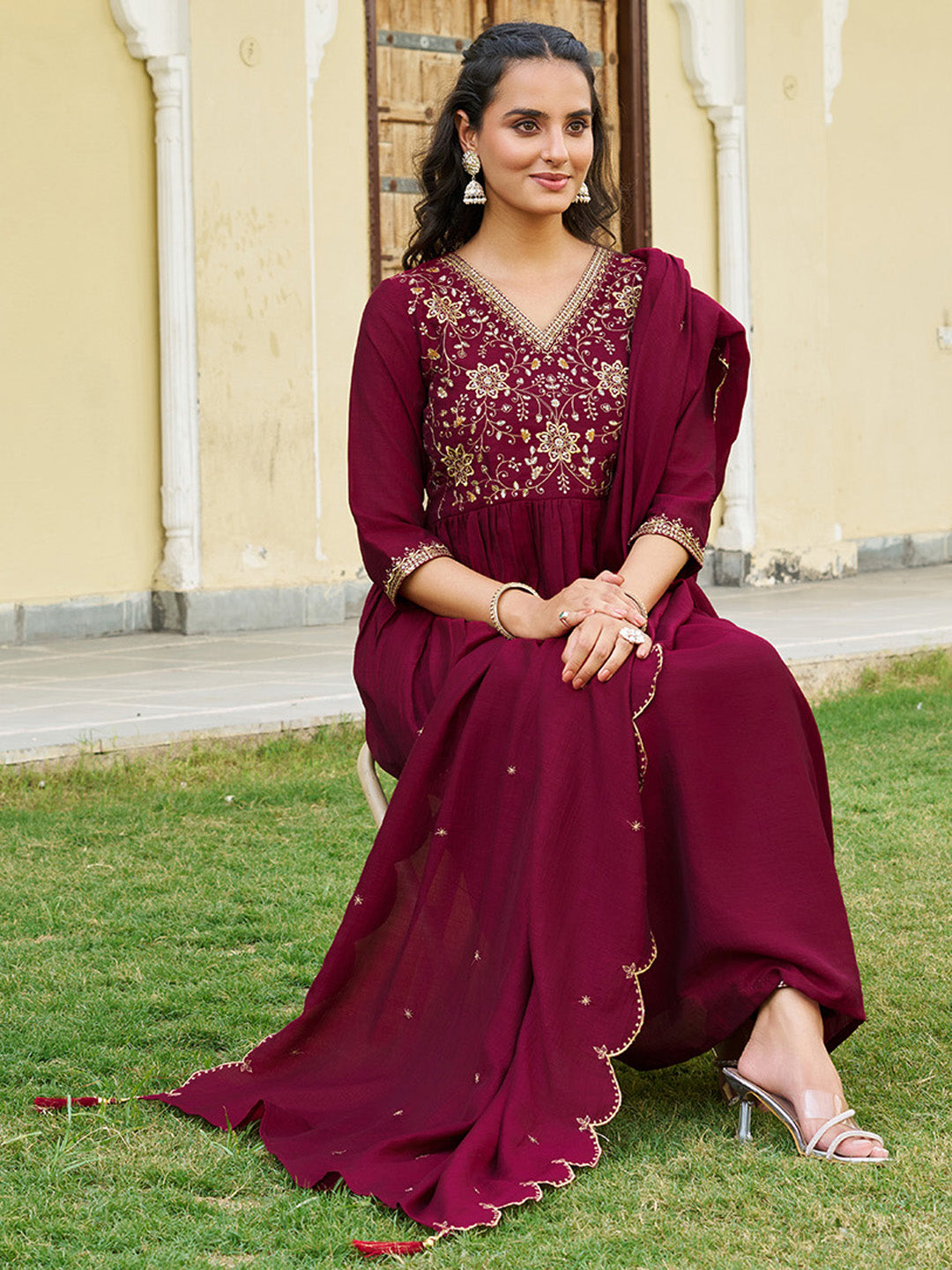Emboidered Flared Kurta With Pant & Embroidered Dupatta, Maroon - Hiral Fashion