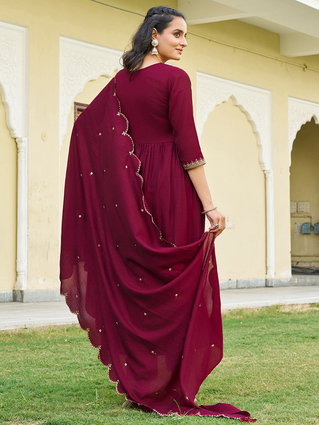 Emboidered Flared Kurta With Pant & Embroidered Dupatta, Maroon - Hiral Fashion