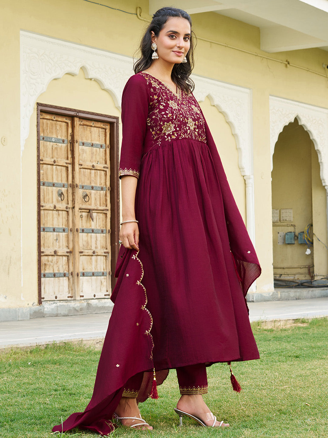 Emboidered Flared Kurta With Pant & Embroidered Dupatta, Maroon - Hiral Fashion