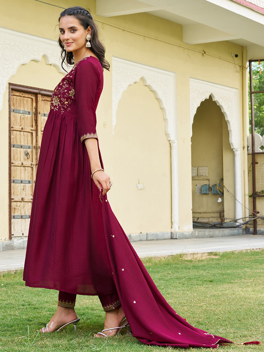 Emboidered Flared Kurta With Pant & Embroidered Dupatta, Maroon - Hiral Fashion