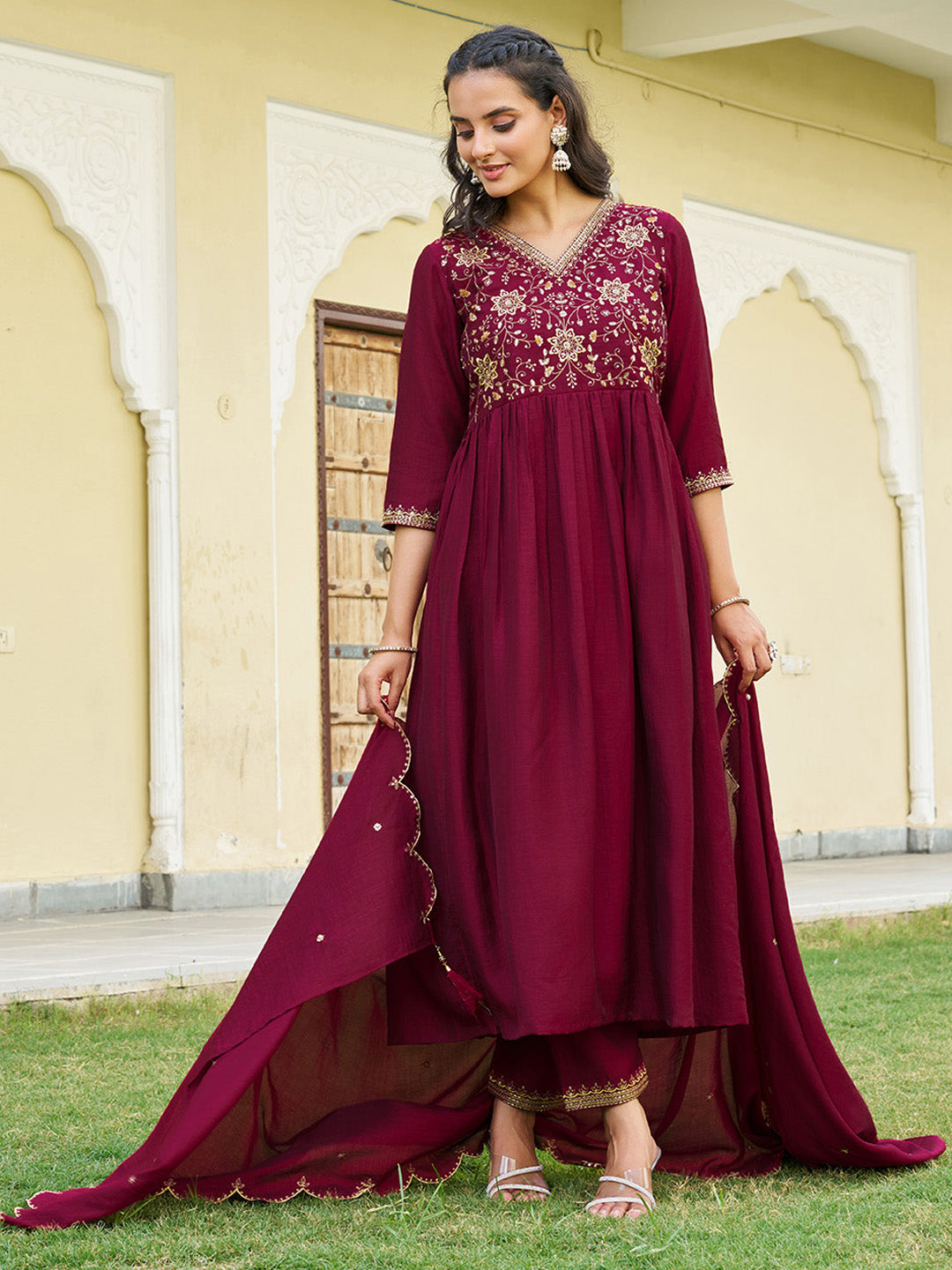 Emboidered Flared Kurta With Pant & Embroidered Dupatta, Maroon - Hiral Fashion