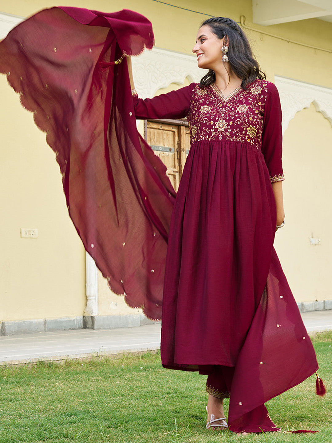 Emboidered Flared Kurta With Pant & Embroidered Dupatta, Maroon - Hiral Fashion