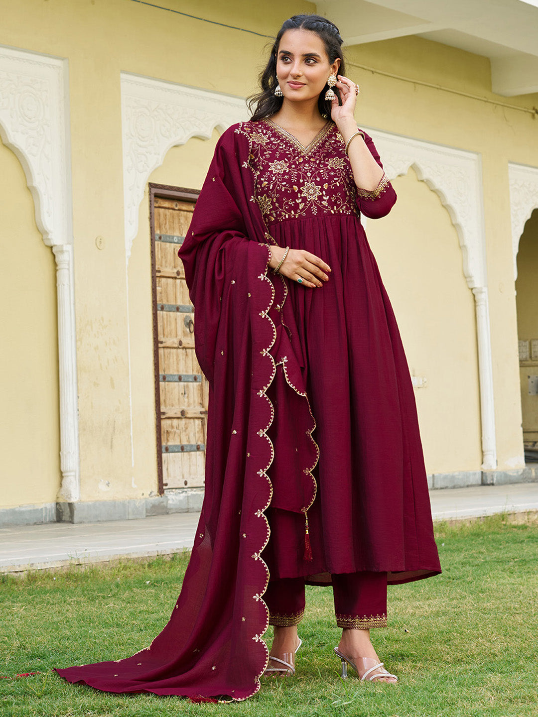 Emboidered Flared Kurta With Pant & Embroidered Dupatta, Maroon - Hiral Fashion