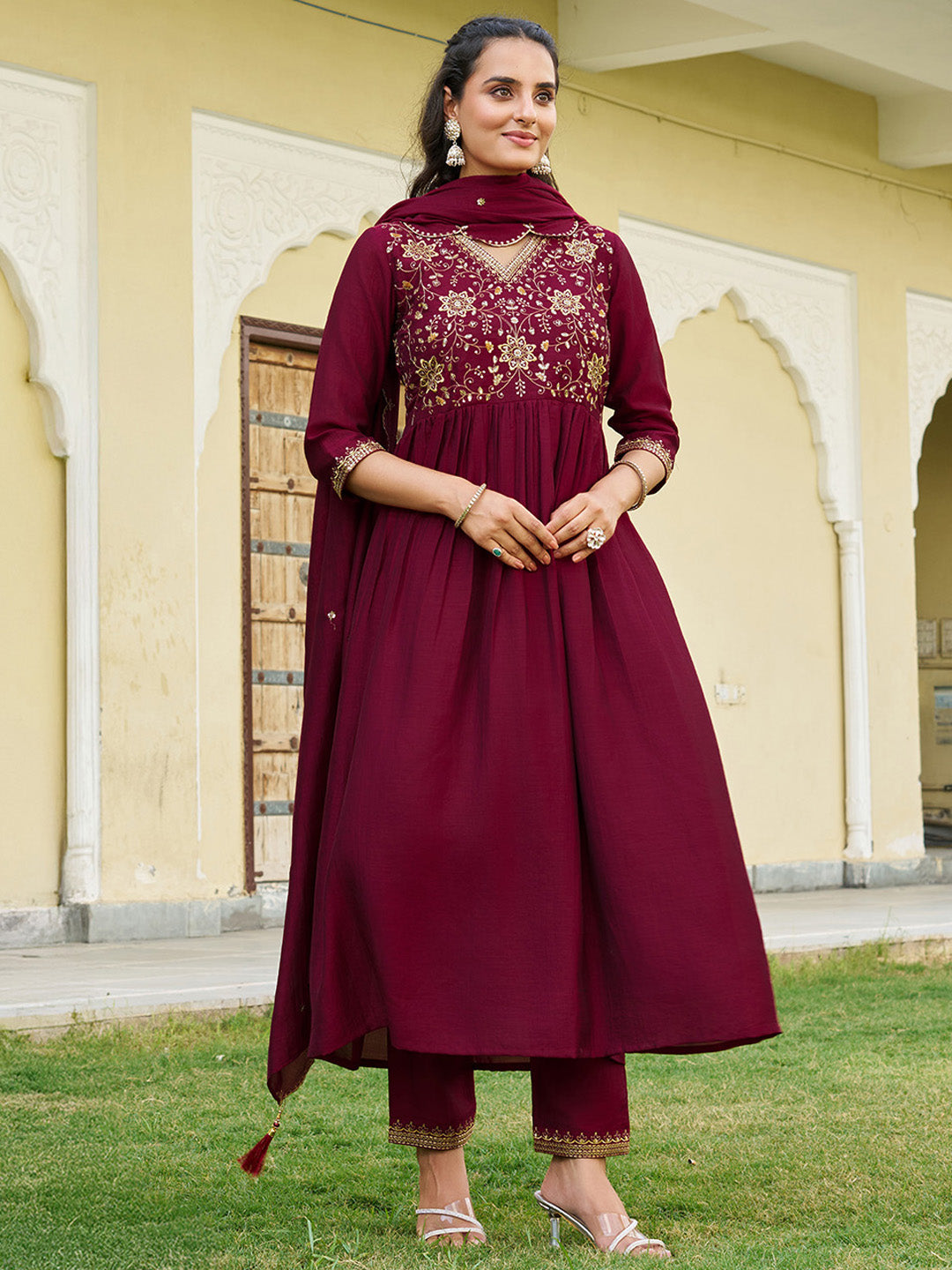 Emboidered Flared Kurta With Pant & Embroidered Dupatta, Maroon - Hiral Fashion