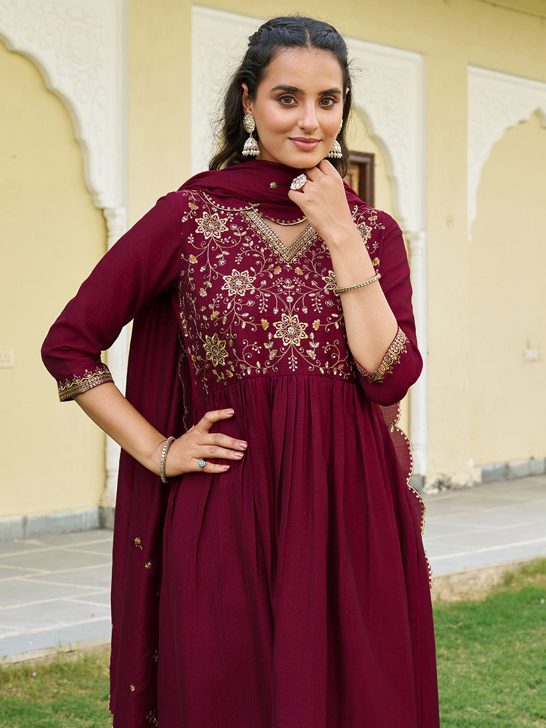 Emboidered Flared Kurta With Pant & Embroidered Dupatta, Maroon - Hiral Fashion