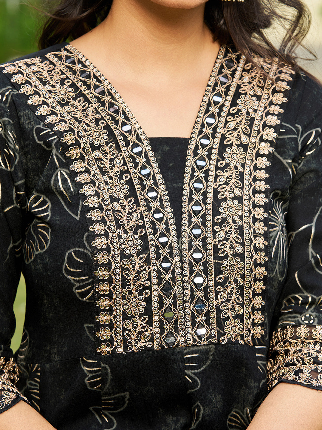 Mirror Embroidered Anarkali Kurta With Matching Pant & Embroidered Chiffon Dupatta, Black - Hiral Fashion