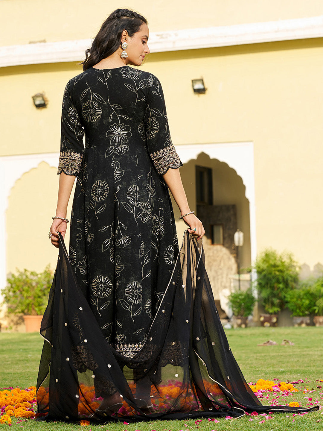 Mirror Embroidered Anarkali Kurta With Matching Pant & Embroidered Chiffon Dupatta, Black - Hiral Fashion