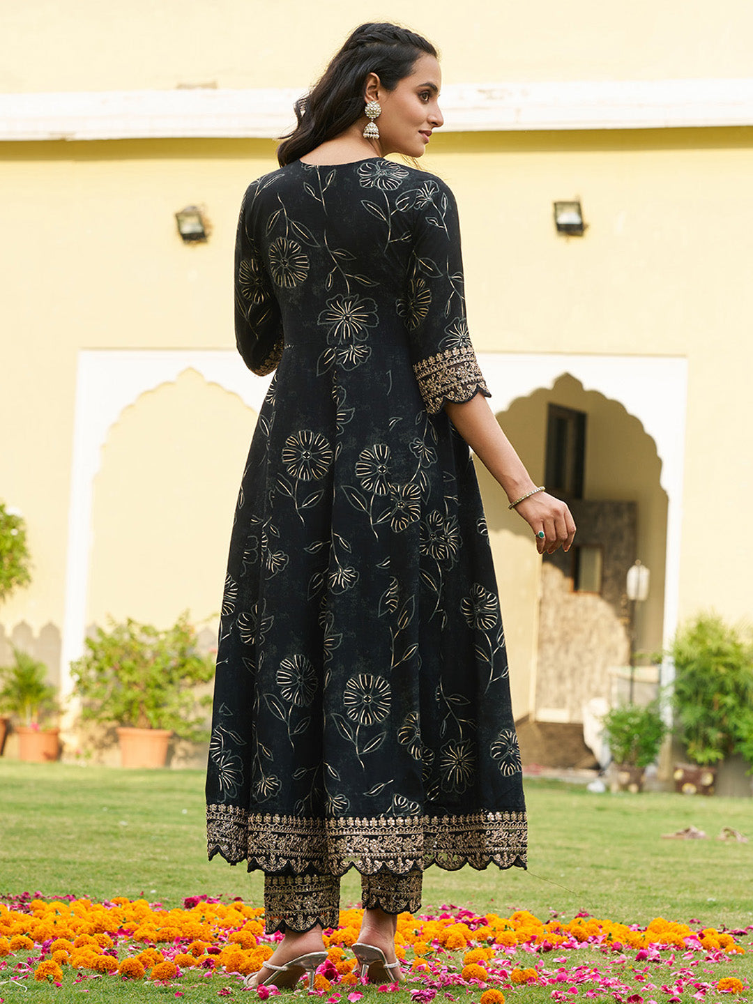 Mirror Embroidered Anarkali Kurta With Matching Pant & Embroidered Chiffon Dupatta, Black - Hiral Fashion