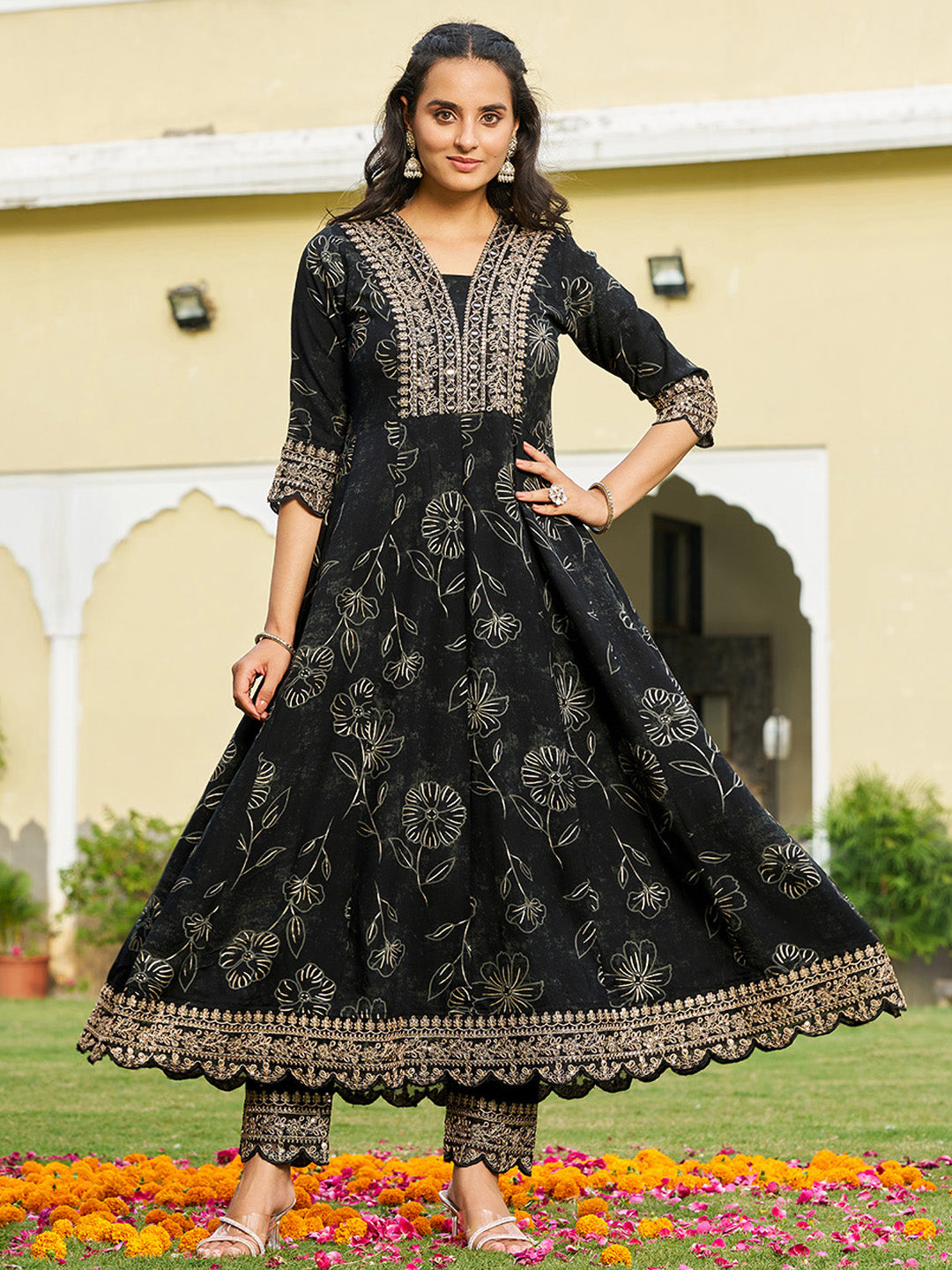 Mirror Embroidered Anarkali Kurta With Matching Pant & Embroidered Chiffon Dupatta, Black - Hiral Fashion
