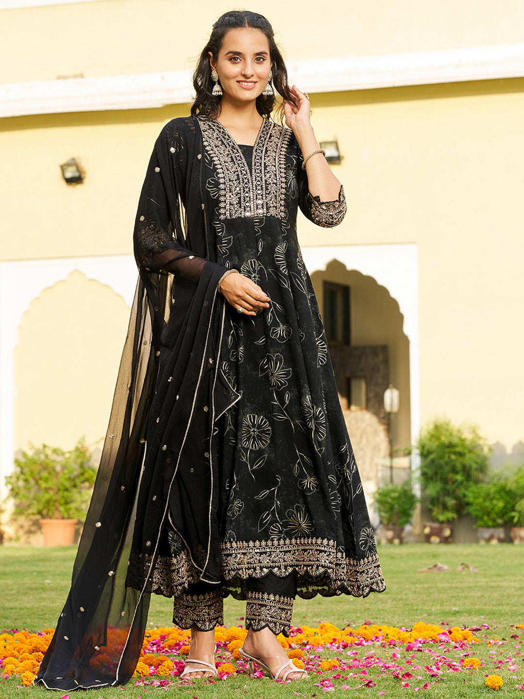 Mirror Embroidered Anarkali Kurta With Matching Pant & Embroidered Chiffon Dupatta, Black - Hiral Fashion