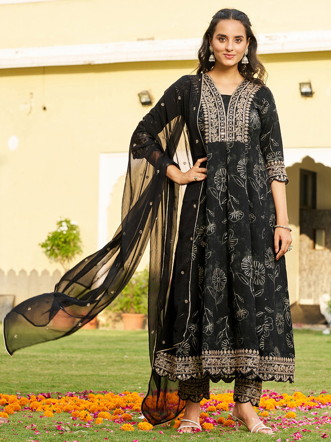 Mirror Embroidered Anarkali Kurta With Matching Pant & Embroidered Chiffon Dupatta, Black - Hiral Fashion