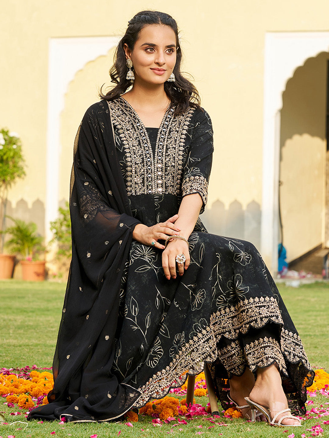 Mirror Embroidered Anarkali Kurta With Matching Pant & Embroidered Chiffon Dupatta, Black - Hiral Fashion