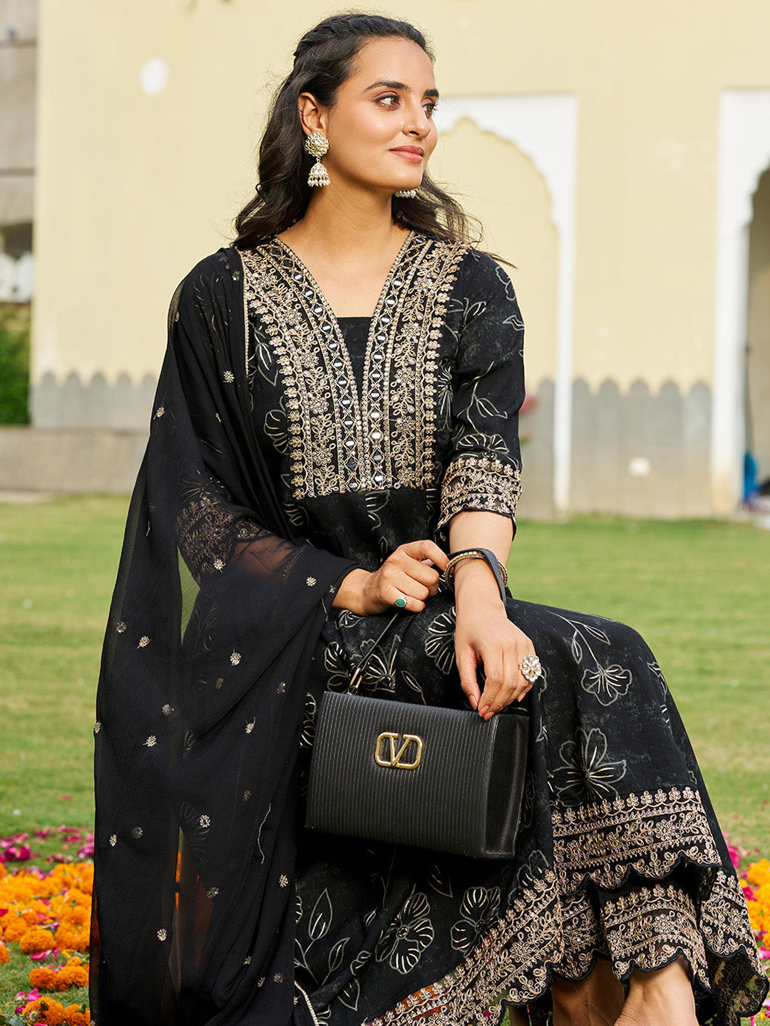 Mirror Embroidered Anarkali Kurta With Matching Pant & Embroidered Chiffon Dupatta, Black - Hiral Fashion