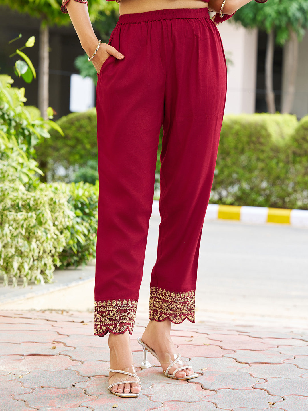 Mirror Embroidered Anarkali Kurta With Matching Pant & Embroidered Chiffon Dupatta, Maroon - Hiral Fashion