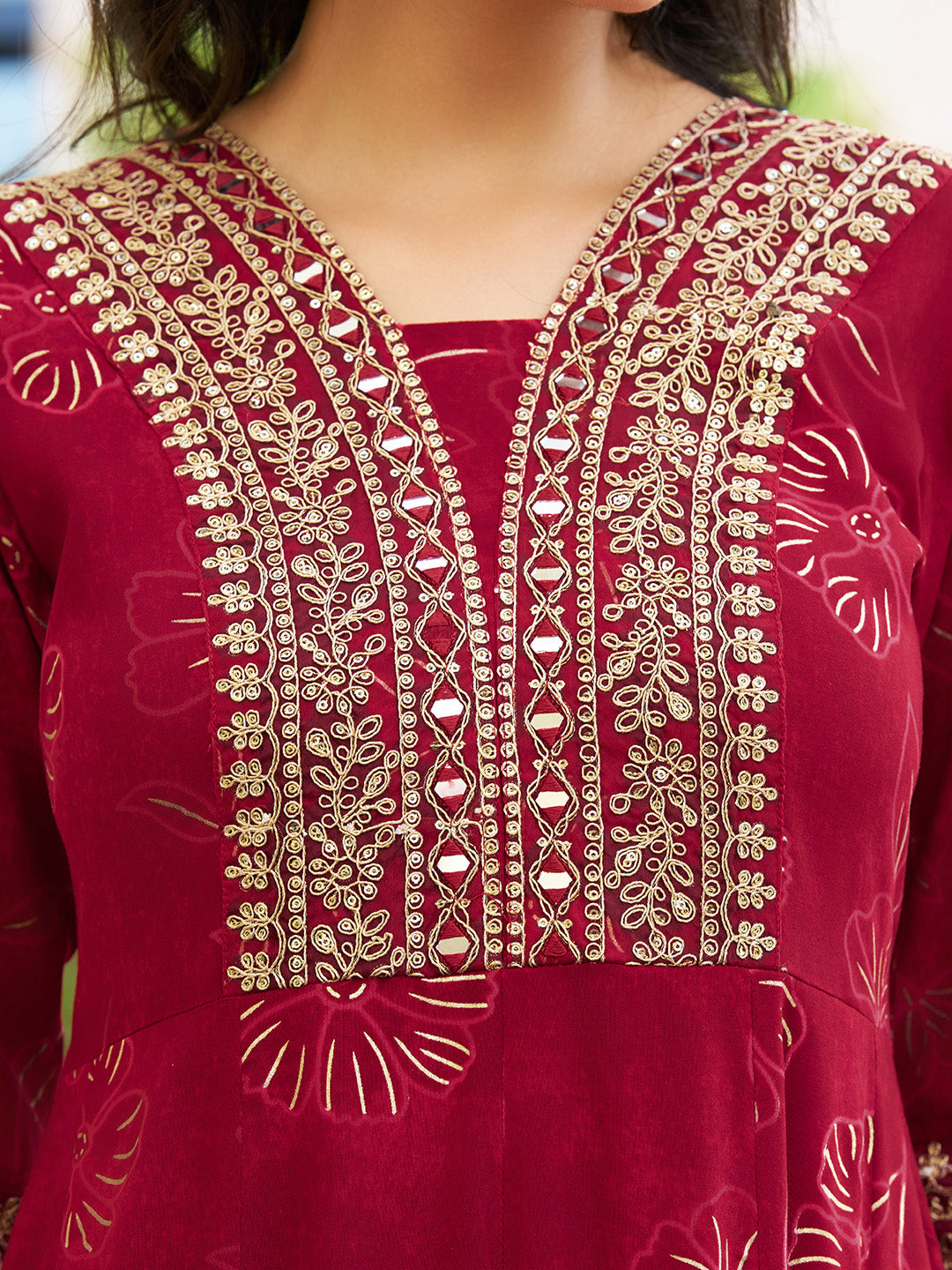 Mirror Embroidered Anarkali Kurta With Matching Pant & Embroidered Chiffon Dupatta, Maroon - Hiral Fashion