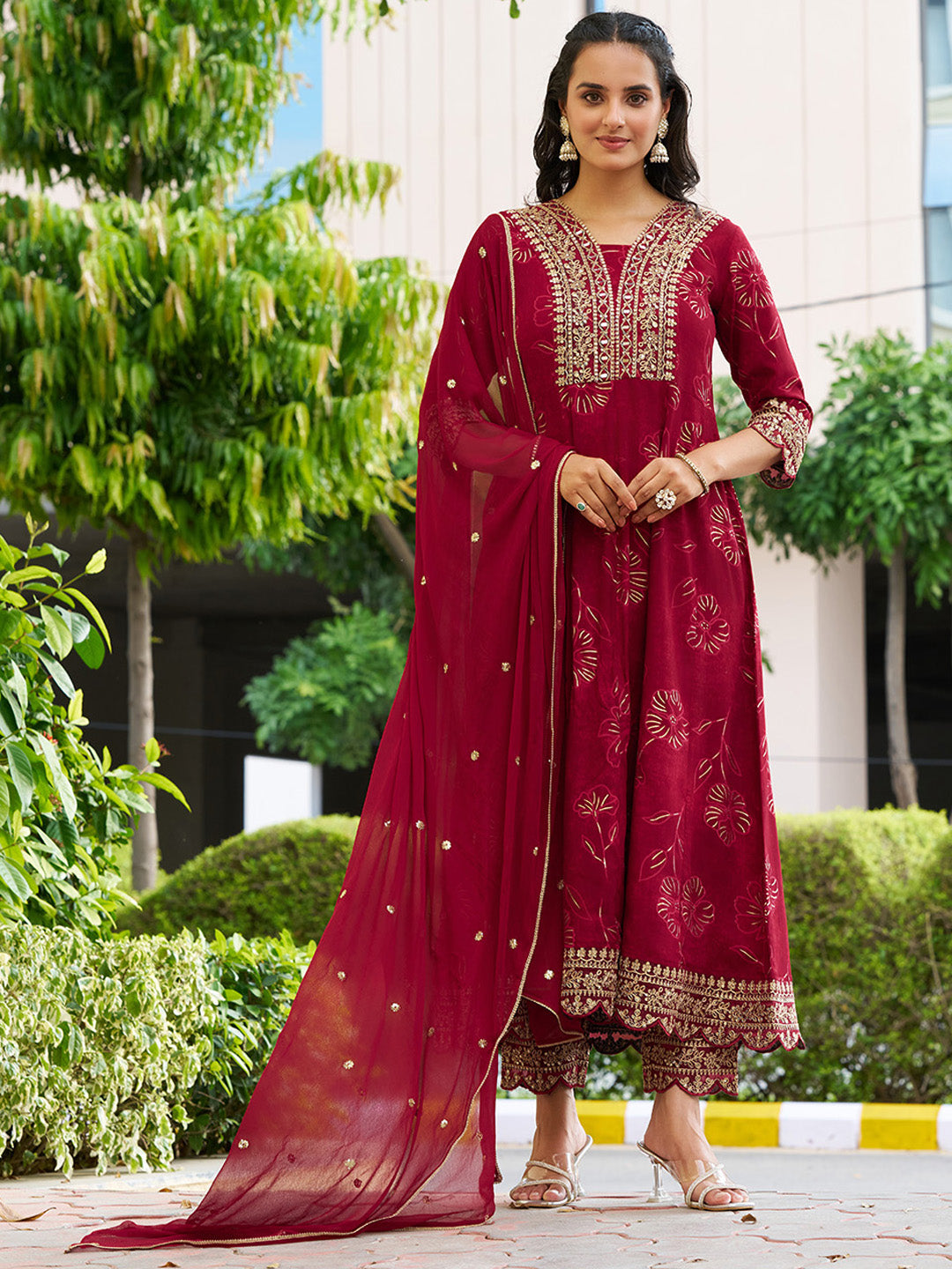 Mirror Embroidered Anarkali Kurta With Matching Pant & Embroidered Chiffon Dupatta, Maroon - Hiral Fashion