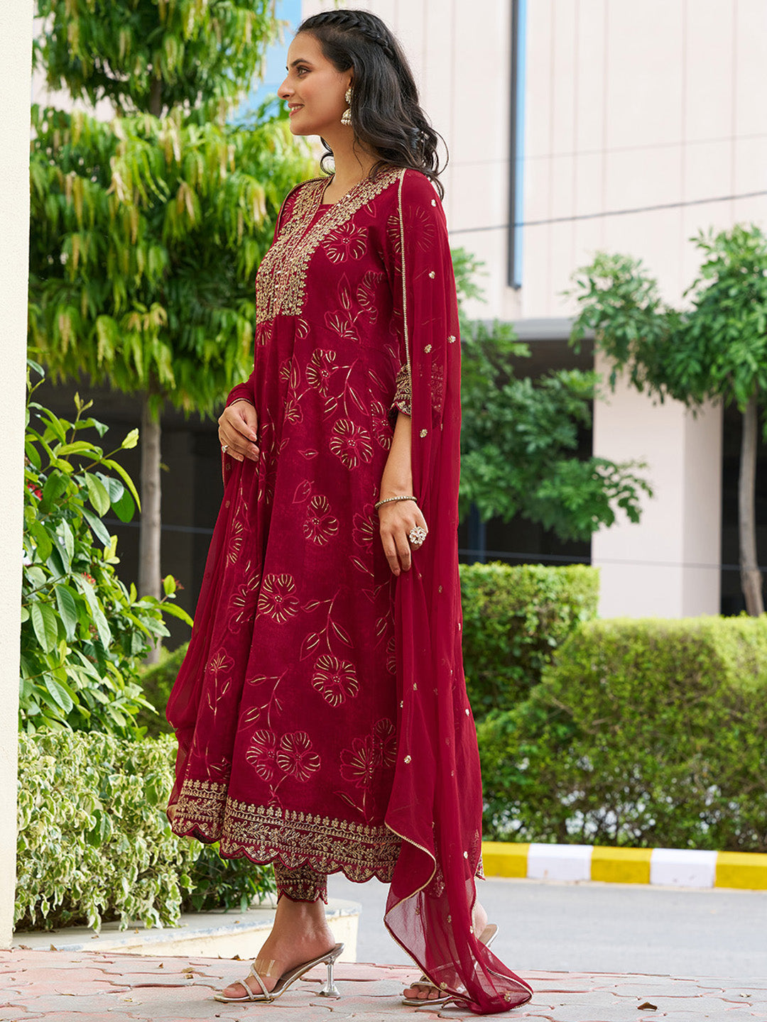 Mirror Embroidered Anarkali Kurta With Matching Pant & Embroidered Chiffon Dupatta, Maroon - Hiral Fashion