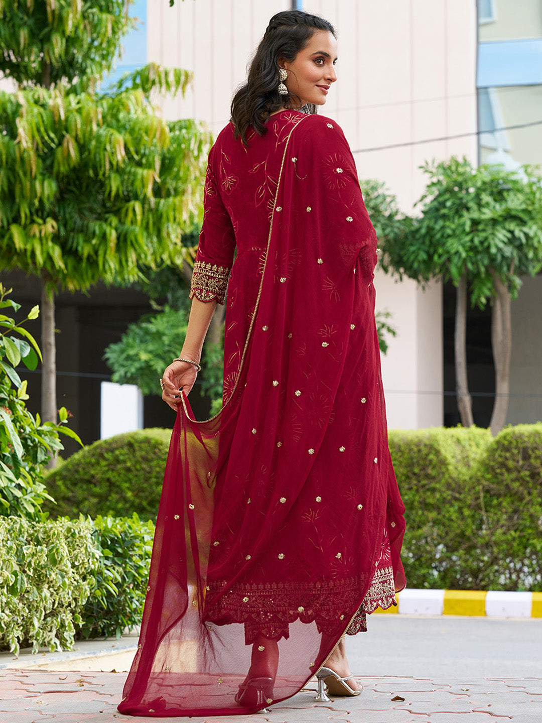 Mirror Embroidered Anarkali Kurta With Matching Pant & Embroidered Chiffon Dupatta, Maroon - Hiral Fashion