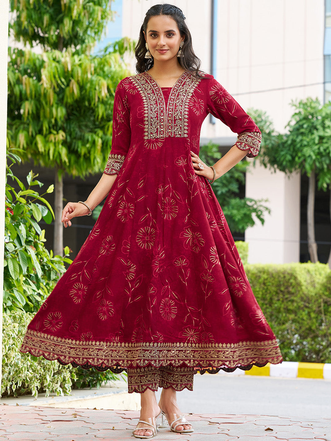Mirror Embroidered Anarkali Kurta With Matching Pant & Embroidered Chiffon Dupatta, Maroon - Hiral Fashion