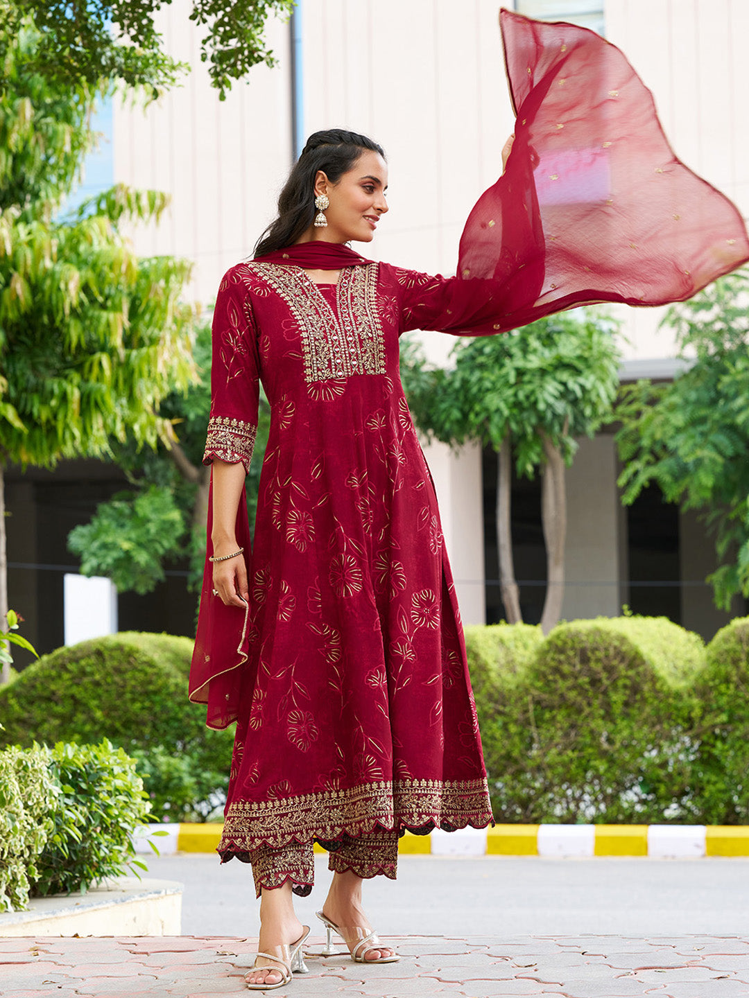 Mirror Embroidered Anarkali Kurta With Matching Pant & Embroidered Chiffon Dupatta, Maroon - Hiral Fashion