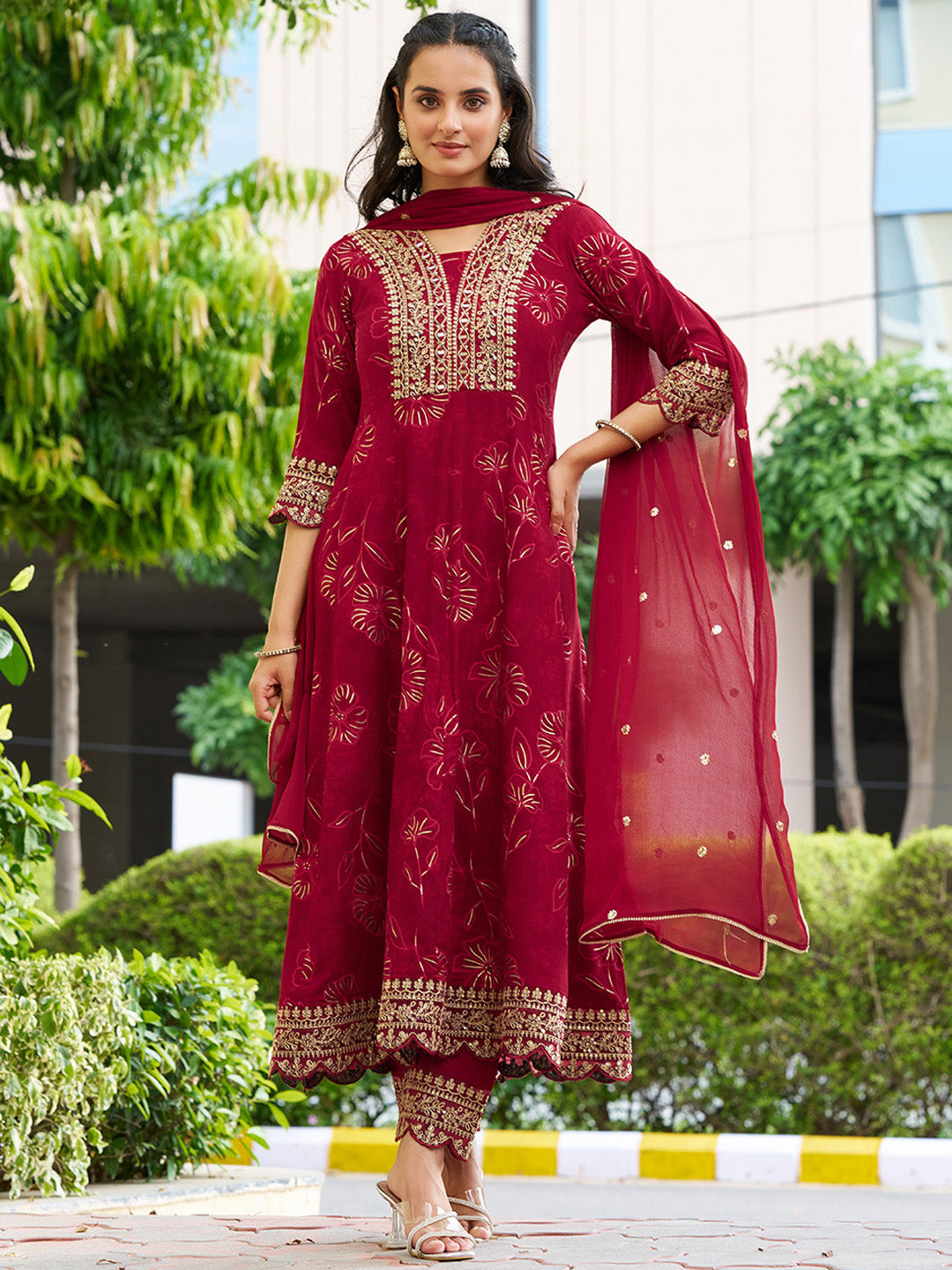 Mirror Embroidered Anarkali Kurta With Matching Pant & Embroidered Chiffon Dupatta, Maroon - Hiral Fashion